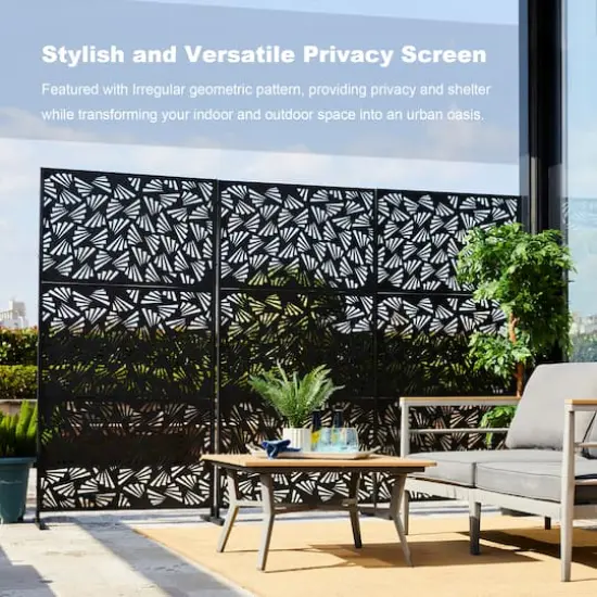 Glitzhome&reg; 6ft. Black Galvanized Steel Irregular Geometric Pattern Privacy Screen Fence Panel & Room Divider {3}
