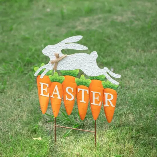 Glitzhome&reg; 24" Metal Bunny & Easter Carrots Yard Stake {4}