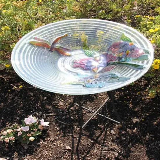 21" Hand Painted Glass Dragonfly and Flower Spring Outdoor Bird Bath {3}
