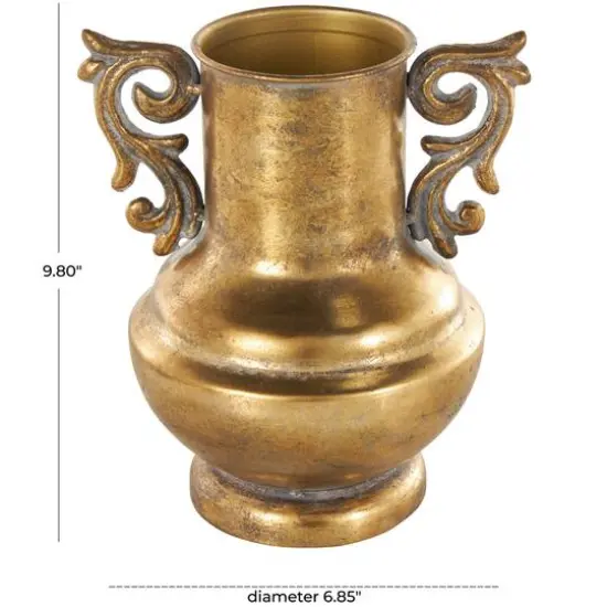 Gold Metal Weathered Vintage Amphora Decorative Vase with Scroll Handles {8}