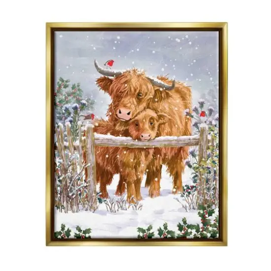 Stupell Industries Winter Cattle Cuddling Snow Scene Framed Floater Canvas Wall Art Gold {1}