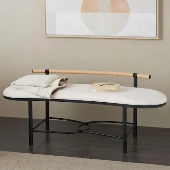 60.25" White Fabric Abstract Upholstered Oval Home Bench with Black Metal Frame & Rope Rod Backrest {3}