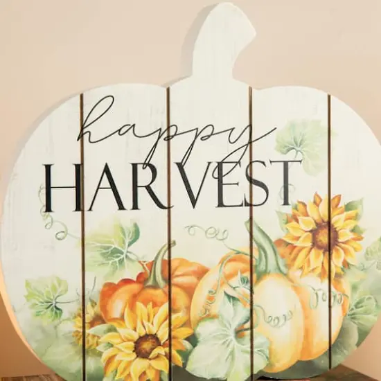 Glitzhome&reg; 9.75" "Happy Harvest" Wooden Pumpkin Table Sign {5}