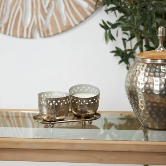 White Wax Vanilla Marshmallow Scented Candle Set with Cutout Spotted Silver Container and Oval Holding Tray {8}