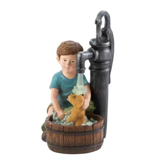 10.75" Boy & Dog Solar Garden Statue {1}