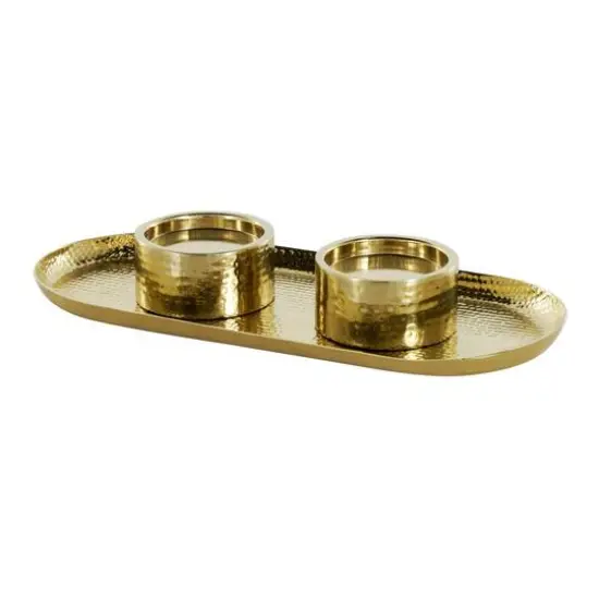 16" Gold Stainless Steel Metal Hammered Candle Holder with Oval Tray Plate {7}