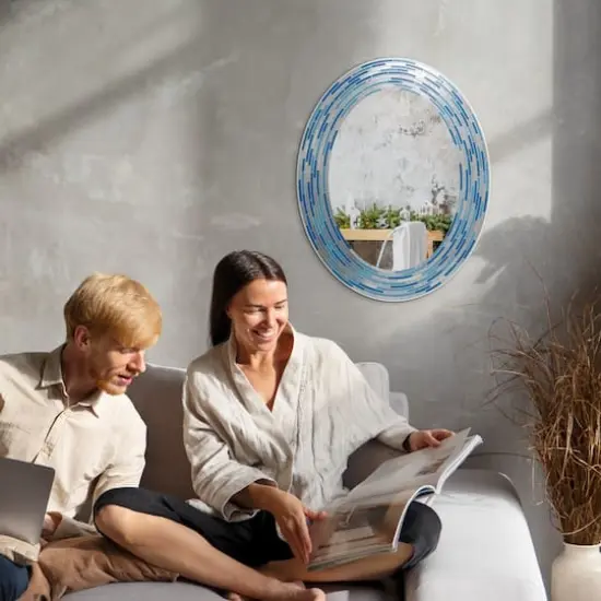 Head West Aqua/Blue3 Tile Framed Oval Wall Vanity Mirror - 23" x 29" {1}