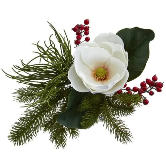 13" Magnolia, Berries & Pine Arrangement in Vase {3}