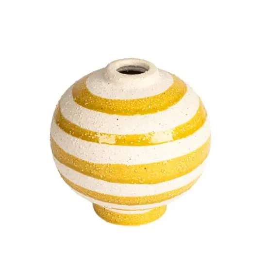 Hello Honey&reg; 5.25" Yellow & White Striped Stoneware Vase with Sphere Shape & Footed Base {1}