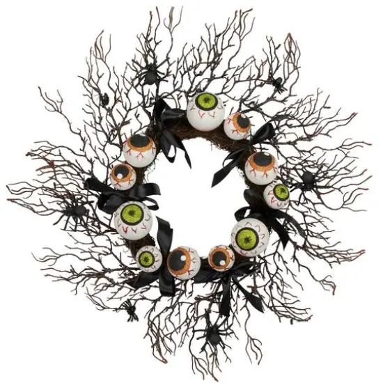 24'' Unlit Eyeballs and Spiders Halloween Twig Wreath {1}