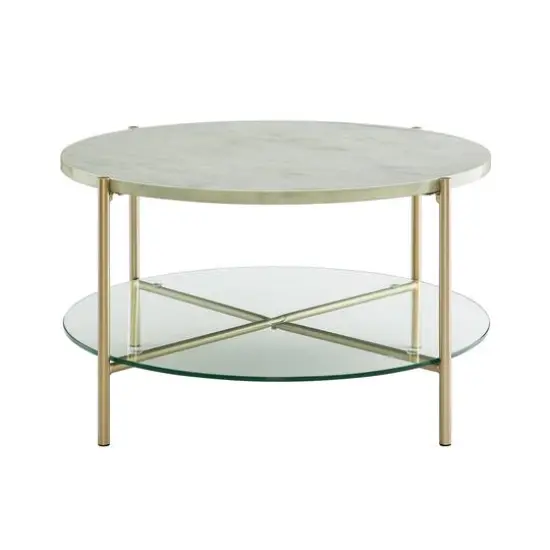 Faux White Marble, Glass & Gold Modern Round Coffee Table  {3}