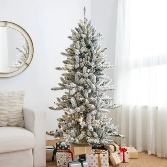 6ft. Pre-Lit Flocked Fir Artificial Christmas Tree, Warm White LED Lights {4}
