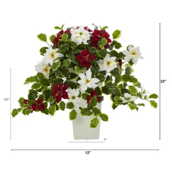 23” Poinsettia & Variegated Holly Artificial Plant in White Decorative Planter {3}