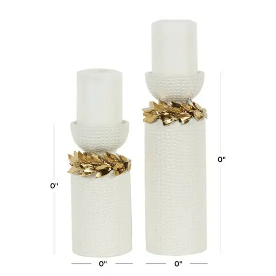 White Abstract Spotted Ceramic Pillar Candle Holder Set with Gold Leaf Accents {9}