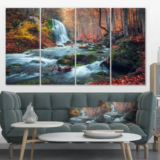 Designart - Autumn Mountain Waterfall Long View - Landscape Photography Canvas Print {3}