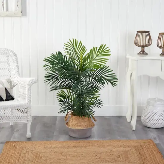 40" Areca Artificial Palm Tree in Boho Chic Handmade Cotton & Jute Gray Woven Planter UV Resistant (Indoor/Outdoor) {4}