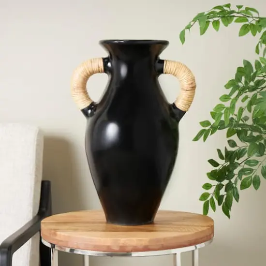 21" Black Ceramic Jug with Rattan Wrapped Handles {3}