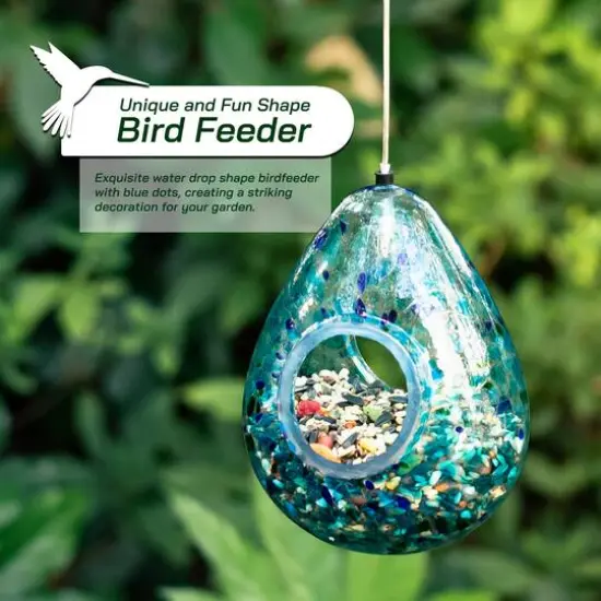 Glitzhome&reg; 6.75" Blue Dots Glass Water Drop Hanging Bird Feeder {4}