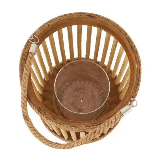 13" Brown Bamboo Handmade Open Framed Caged Candle Lantern with Rope Handle {4}