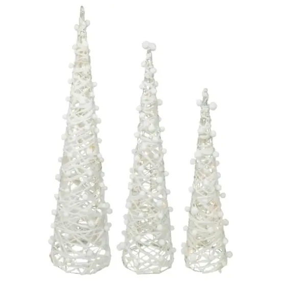 23.5", 31.25", & 39.25" Pre-Lit White & Silver Cone Artificial Christmas Tree Set, Clear LED Lights {3}