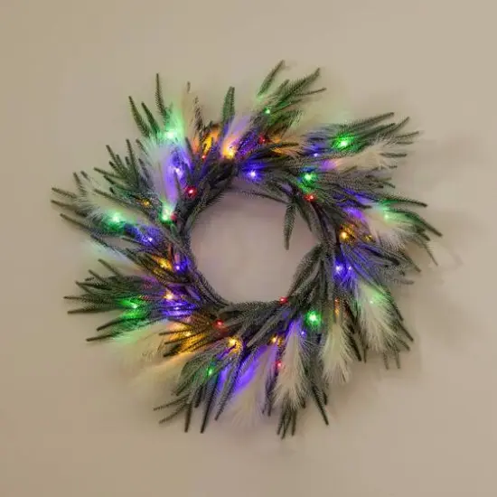 24in. Artificial Balsam Fir Pine and Pampas Wreath with 50 Color Changing LED Lights {12}