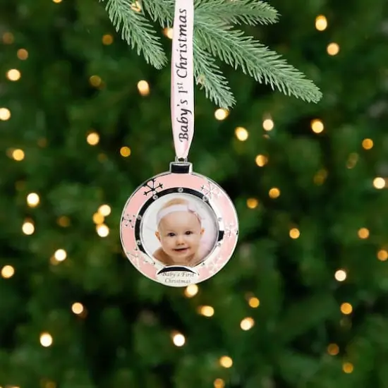 Pink & Silver Baby's First Christmas Crystal Embellished Photo Ornament {4}