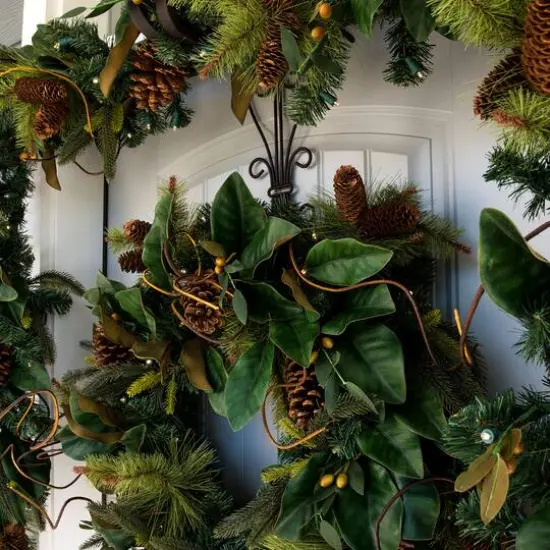 Village Lighting 30" Pre-Lit Magnolia Leaf Christmas Wreath, Clear LED Lights {5}