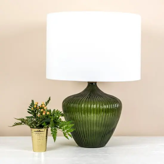 Hello Honey&reg; 2ft. Green Glass Table Lamp with White Drum Shade {3}