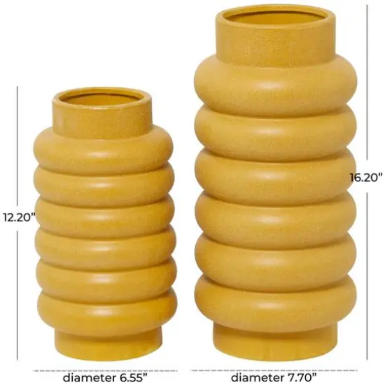 CosmoLiving by Cosmopolitan Yellow Ceramic Vase with Ring Ribbing Set of 2 16", 12" {6}