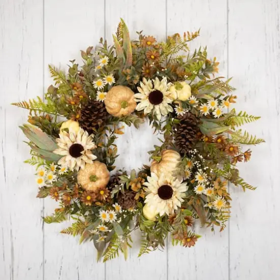 28" White Sunflowers & Pumpkins Fall Harvest Wreath {5}