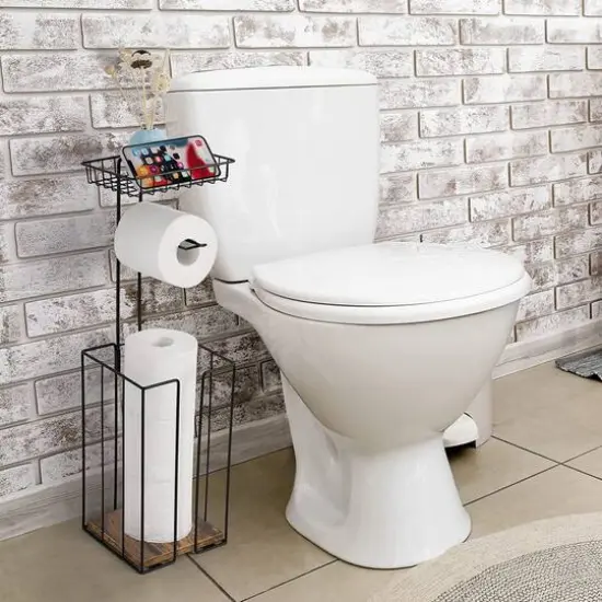 NEX&trade; 23.5" Black Freestanding Toilet Paper Holder with Shelf {7}