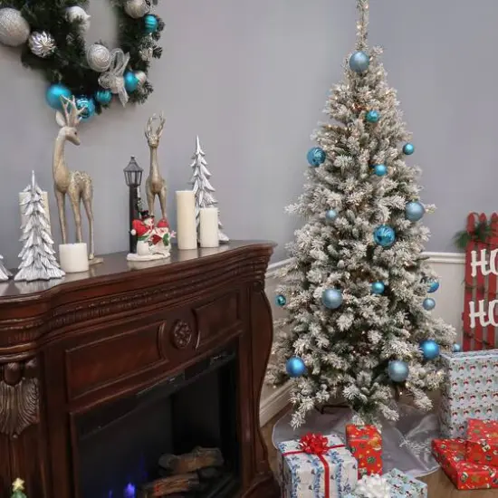 7.5 ft. Pre-Lit Snowy Mountain Pine Slim Hinged Artificial Christmas Tree, Clear Lights {5}