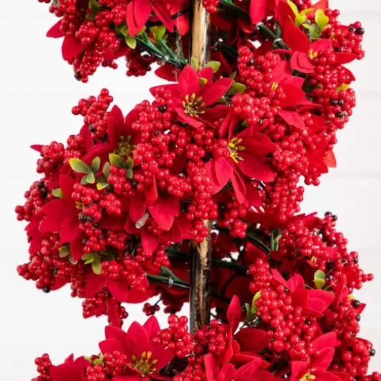 3ft. Pre-Lit Artificial Christmas Poinsettias and Berries Spiral Topiary Tree with 30 Warm White LED Lights {4}