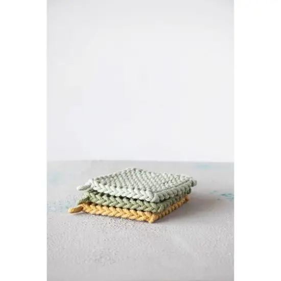 Hello Honey® 8" Yellow & Green Square Cotton Crocheted Pot Holder Set {3}