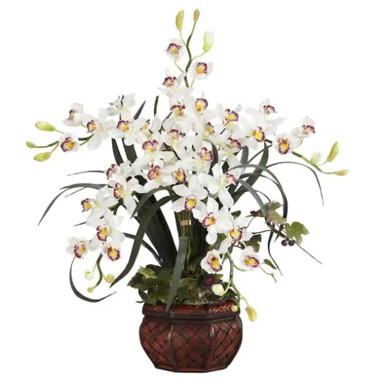 30" White Silk Cymbidium Arrangement with Decorative Vase {1}