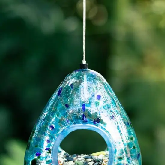 Glitzhome&reg; 6.75" Blue Dots Glass Water Drop Hanging Bird Feeder {9}