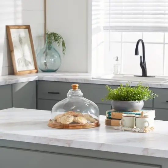 Brown Wood and Glass Natural Cake Stand with Cloche, 10" x 13" x 13" {7}
