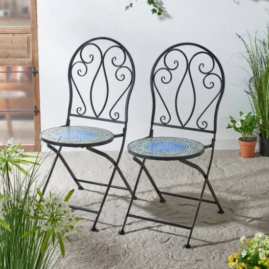 Glitzhome&reg; 36.5" Green Outdoor Metal Folding Bistro Chairs with Ceramic Tiles Seat, 2ct. {3}