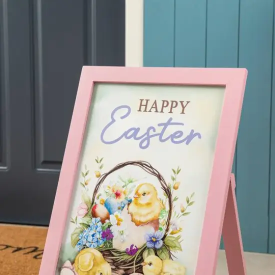 Glitzhome&reg; 23.75" Easter Wooden Chicks Easel Porch Sign {5}