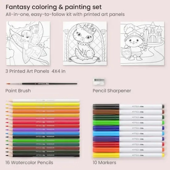 Arteza&reg; Kids Canvas Paint Kit, 3 canvas 4x4 in, Watercolor pencils and markers, Fantasy {3}