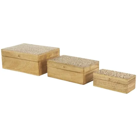 Brown Mango Wood Scroll Handmade Storage Box with Vine Carvings & Gold Accents, 3ct. {4}