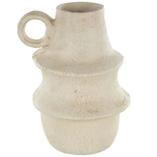 15.25" Cream Textured Paper Mache Fluted Vase with Ring Handle {1}