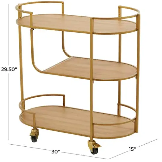 Gold Wood Rolling 3 Shelves Bar Cart with Handles 30" x 15" x 30" {6}