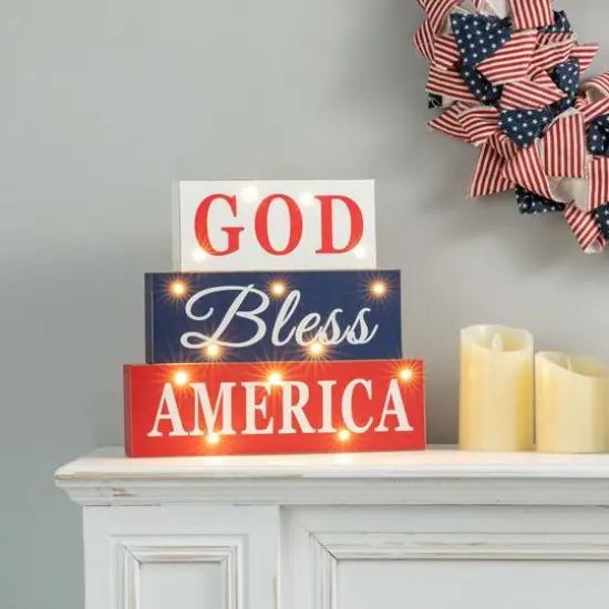 Glitzhome&reg; 12" LED Wooden Patriotic Block Sign {5}