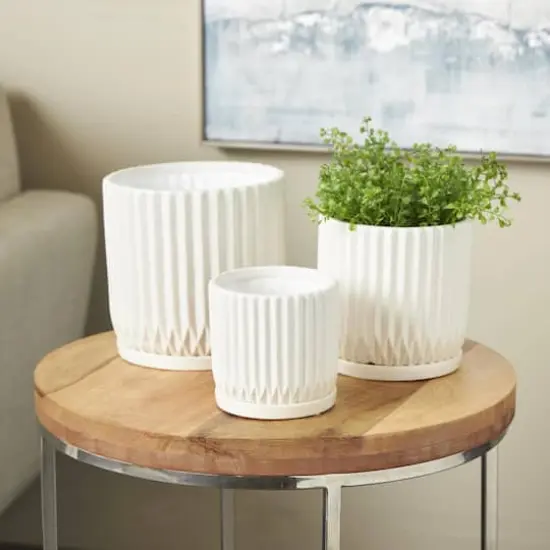White Ribbed Textured Ceramic Planter Set {3}