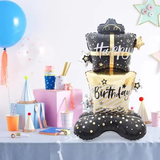 Wizardi Black & Gold Happy Birthday Gifts Standing Foil Balloon Decoration {3}