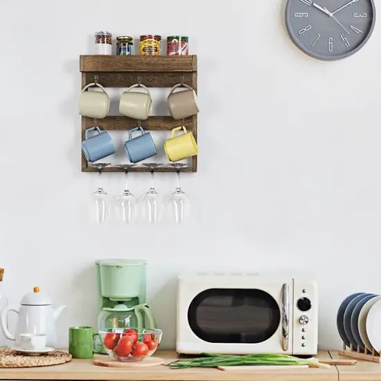 NEX&trade; 16" Rustic Brown Wood Wall-Mounted Coffee Mug Rack {6}