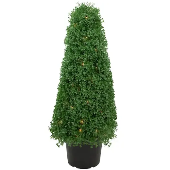 3ft. Pre-Lit Artificial Boxwood Cone Topiary Tree with Round Pot, Clear Lights {1}