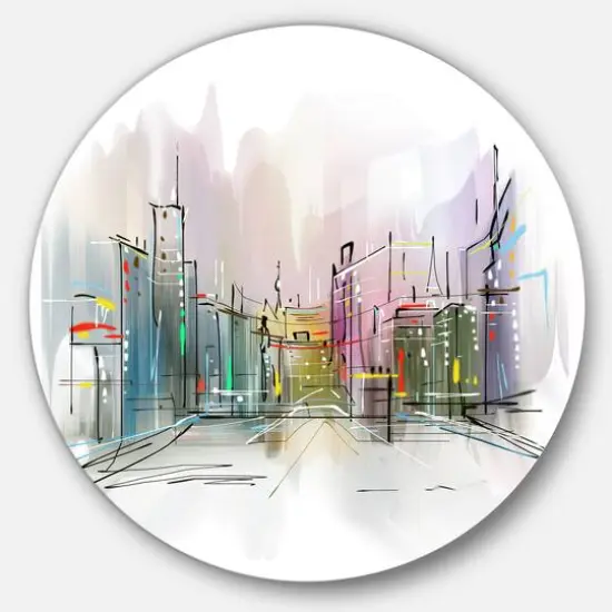 Designart - City in a Distance Illustration' Disc Cityscape Circle Metal Wall Art {1}
