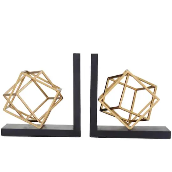 8" Gold Stainless Steel Overlapping Cube Geometric Bookends with Black Bases Set {1}
